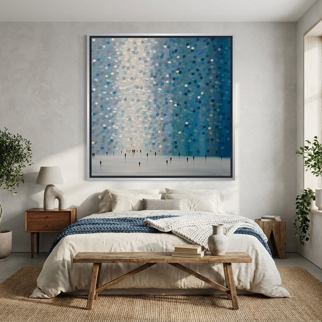 Canvas wall art with a silver leaf surround styled in a calm, light-filled bedroom