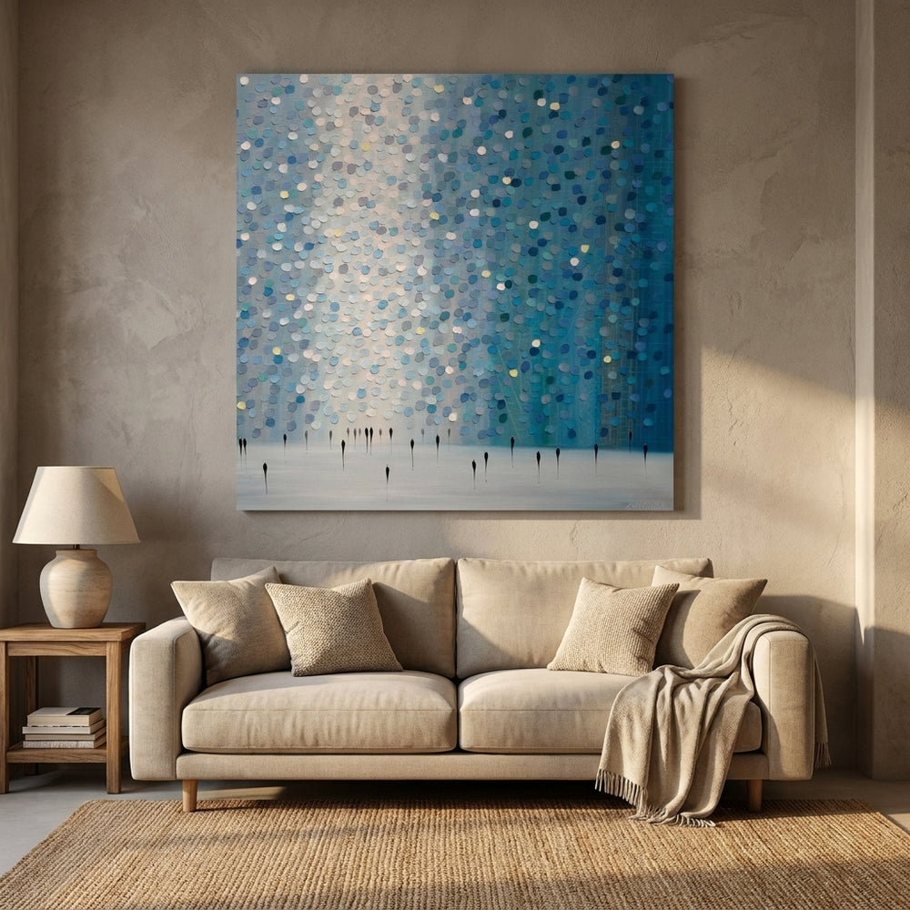 Stretched canvas wall art styled in a neutral living room