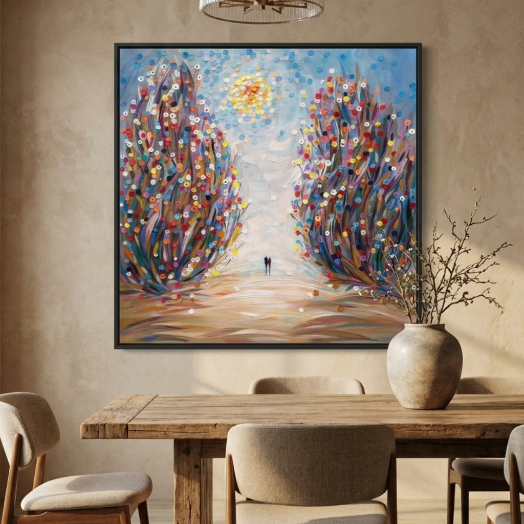 Oversized statement canvas wall art with a black surround styled in a contemporary dining room