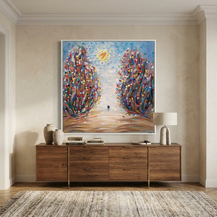 Canvas wall art with a white surround styled in a luxe interior