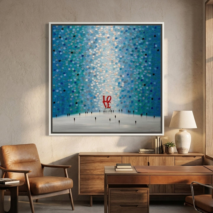Canvas wall art with a white surround styled in a bright modern office