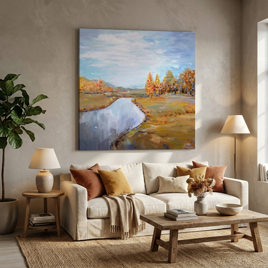 Stretched canvas wall art styled in a neutral living room