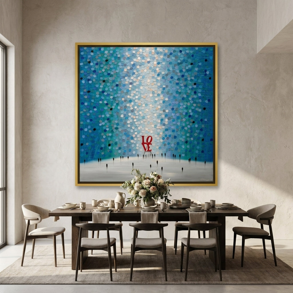Oversized statement canvas wall art with a gold leaf surround styled in a contemporary dining room