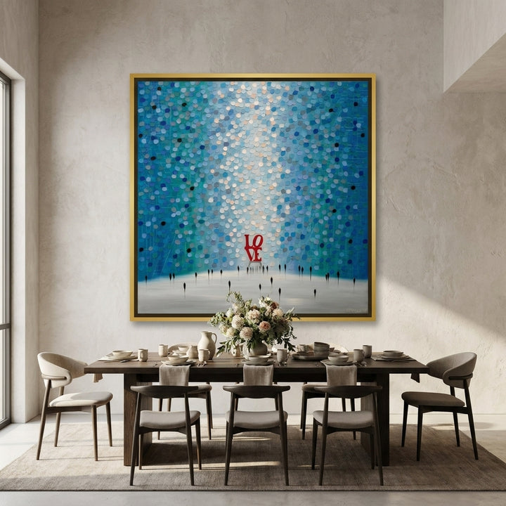 Oversized statement canvas wall art with a gold leaf surround styled in a contemporary dining room