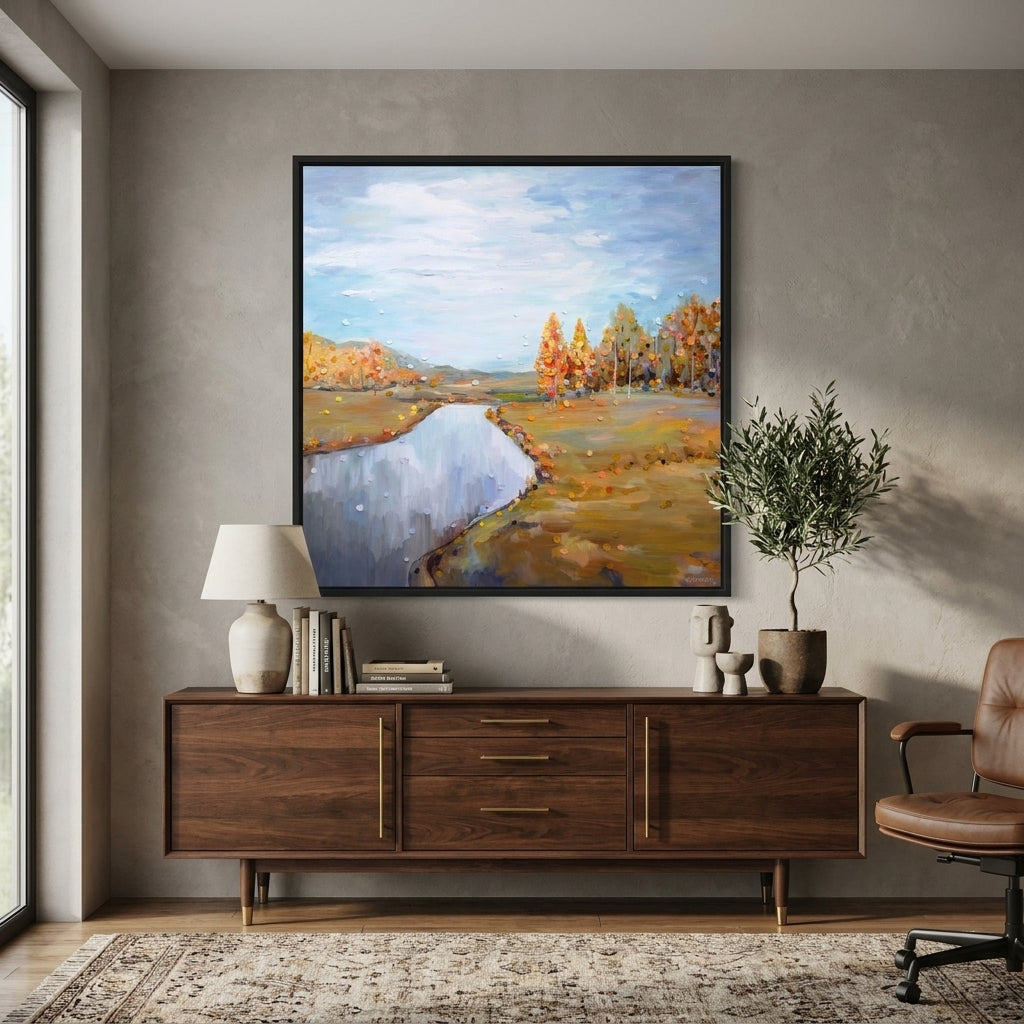 Canvas wall art with a black surround styled in a bright modern office