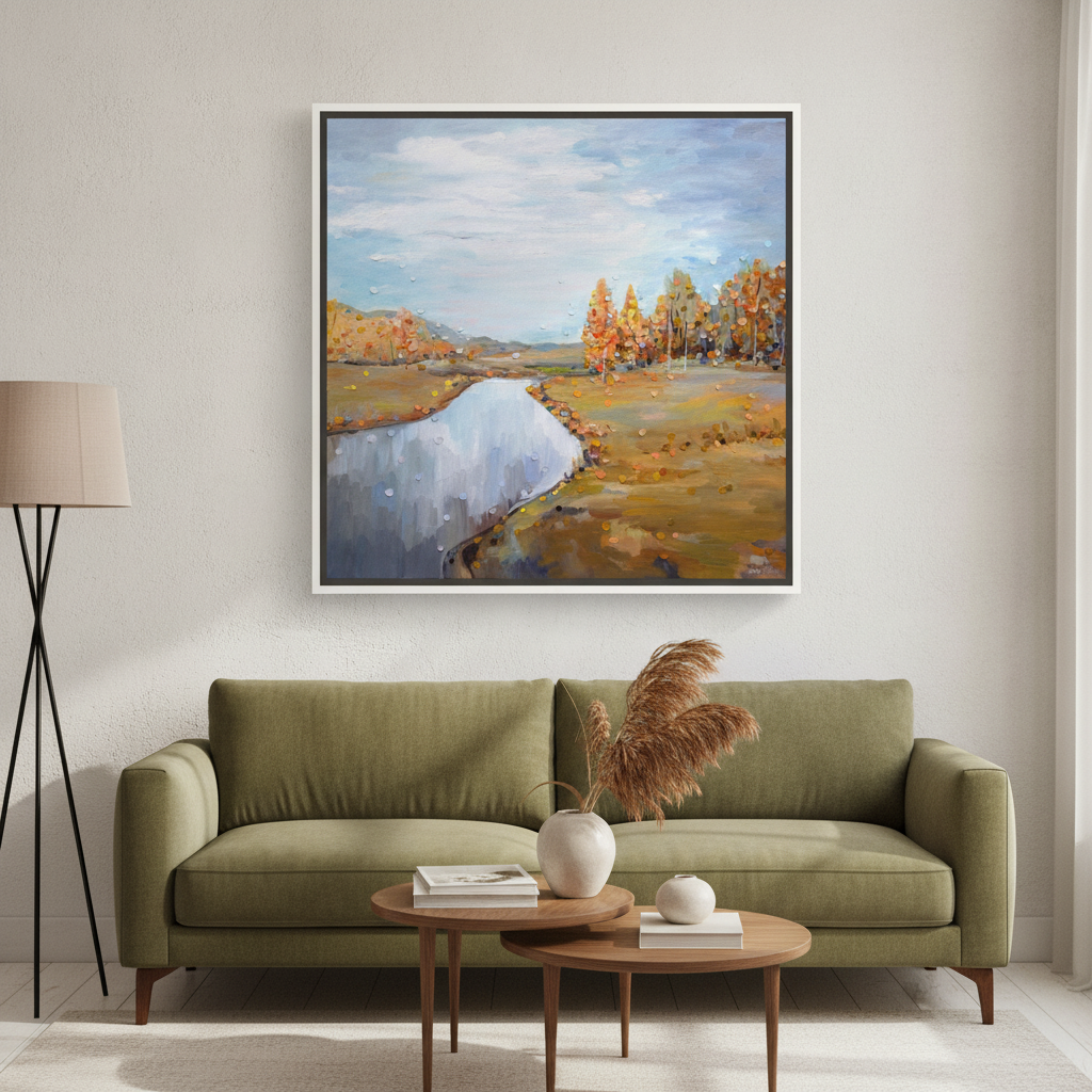 Canvas wall art with a white surround styled in a calm, light-filled bedroom