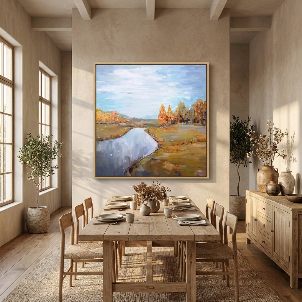 Oversized statement canvas wall art with a natural timber surround styled in a contemporary dining room