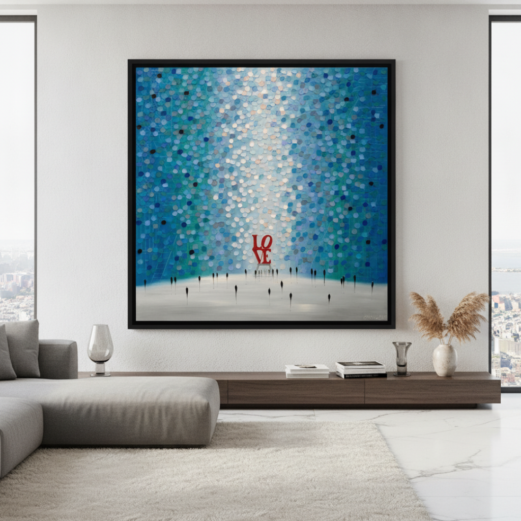 Oversized statement canvas wall art with a black surround styled in a luxe interior
