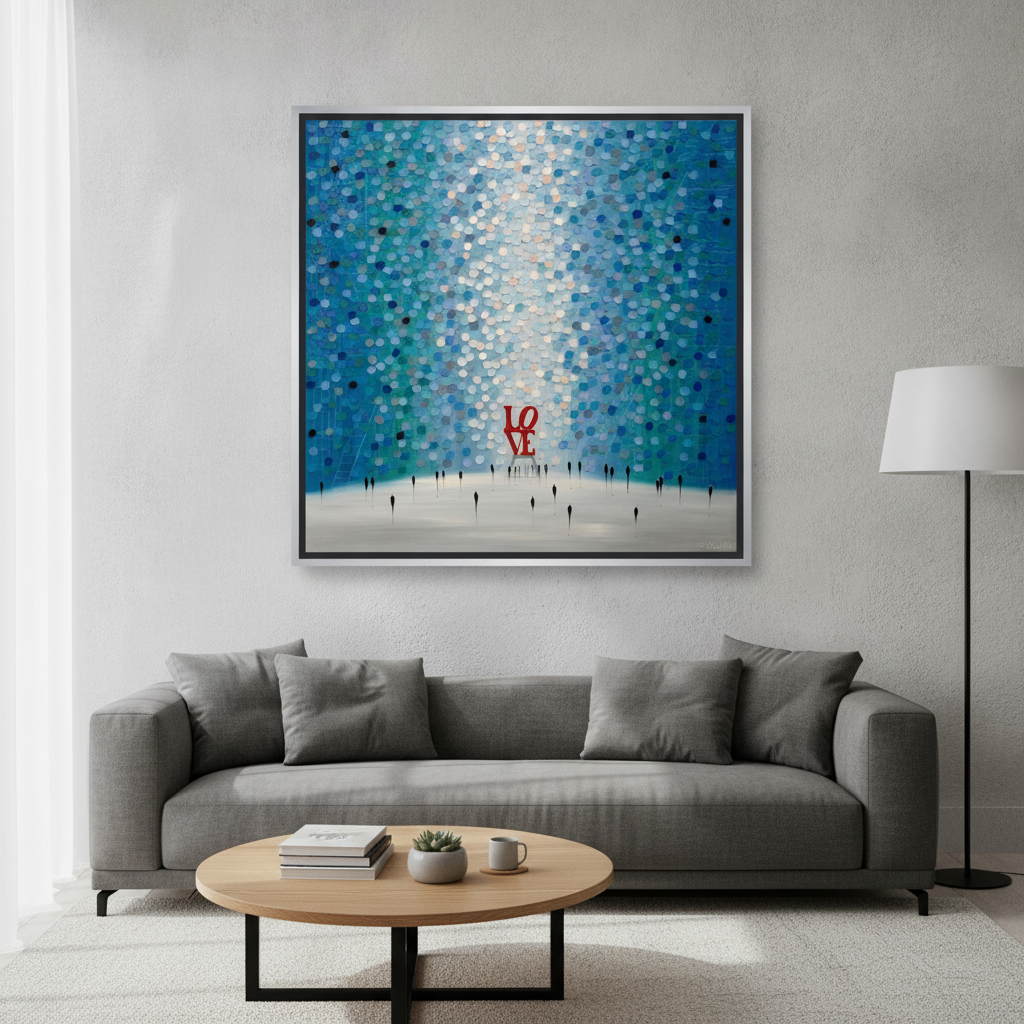 Canvas wall art with a silver leaf surround styled in a neutral living room