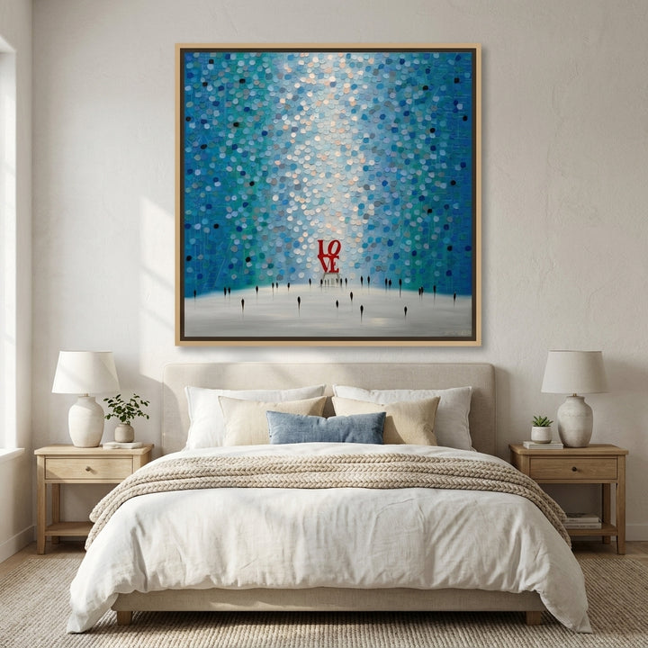 Canvas wall art with a natural timber surround styled in a calm, light-filled bedroom