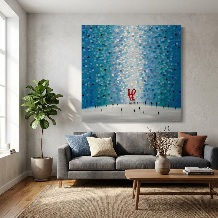 Stretched canvas wall art styled in a neutral living room