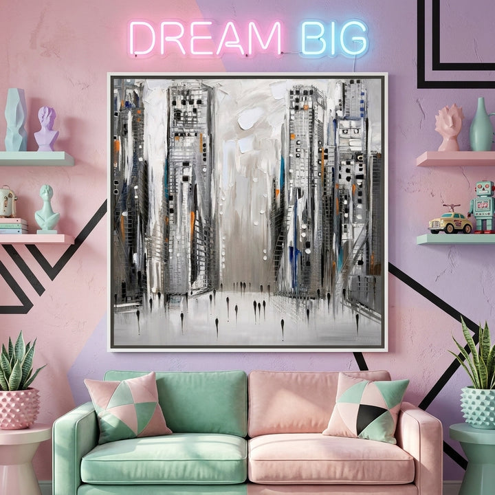 Canvas wall art with a white surround styled in a colourful, eclectic modern home