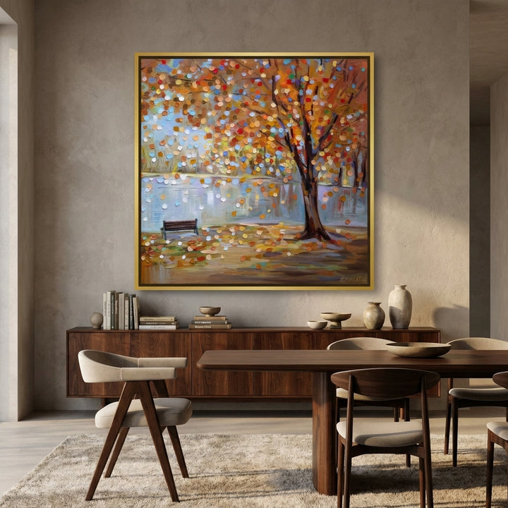 Oversized statement canvas wall art with a gold leaf surround styled in a luxe interior