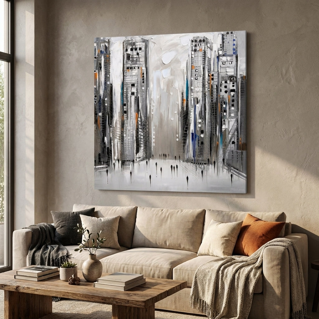Stretched canvas wall art styled in a neutral living room
