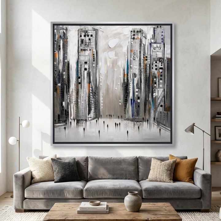 Oversized statement canvas wall art with a silver leaf surround styled in a neutral living room