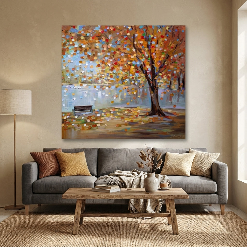 Stretched canvas wall art styled in a neutral living room