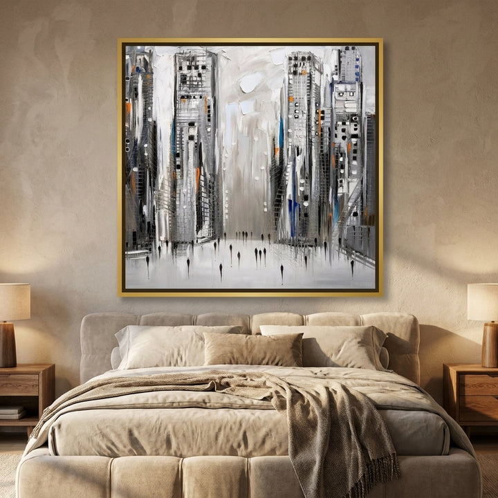Canvas wall art with a gold leaf surround styled in a calm, light-filled bedroom