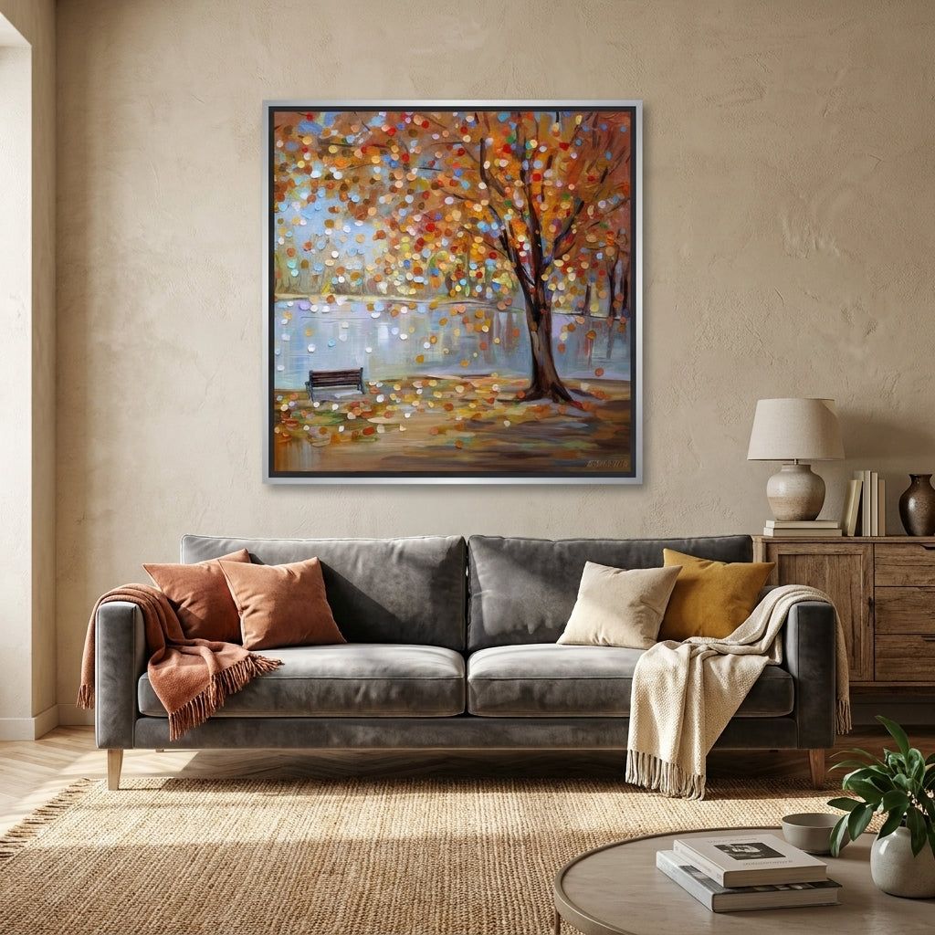 Canvas wall art with a silver leaf surround styled in a neutral living room