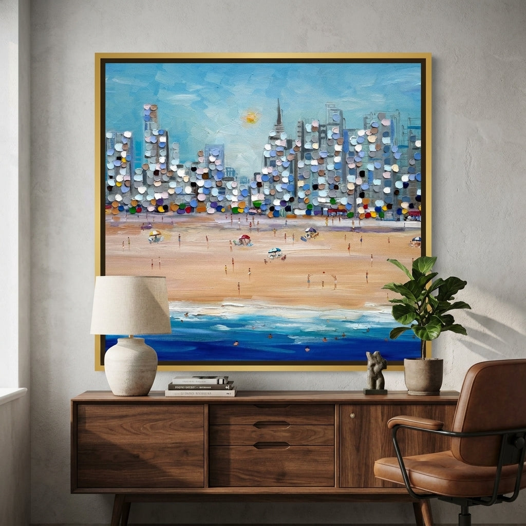 Canvas wall art with a gold leaf surround styled in a bright modern office