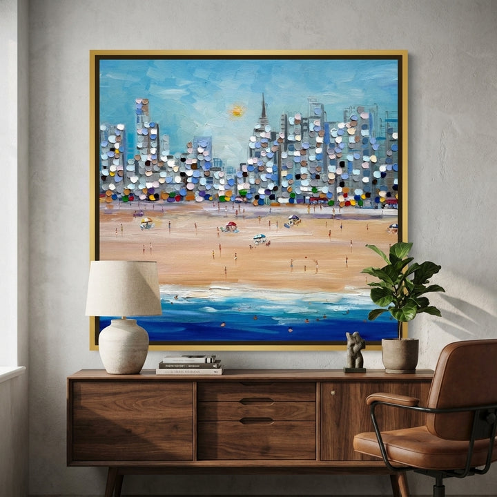 Canvas wall art with a gold leaf surround styled in a bright modern office