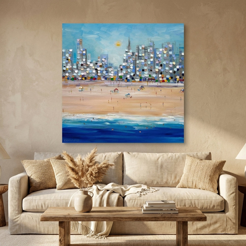Stretched canvas wall art styled in a neutral living room