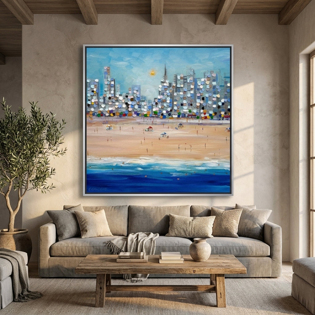 Oversized statement canvas wall art with a silver leaf surround styled in a neutral living room