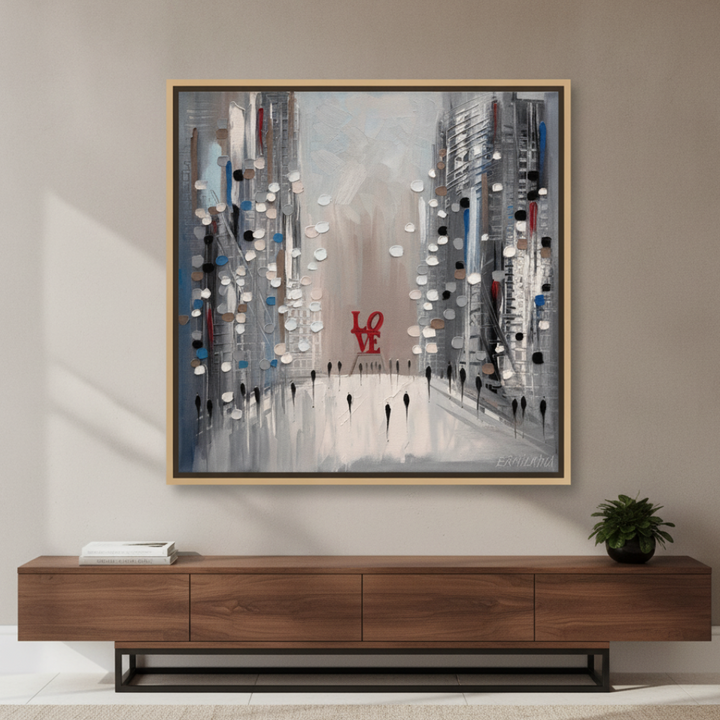 Canvas wall art with a natural timber surround styled in a bright modern office