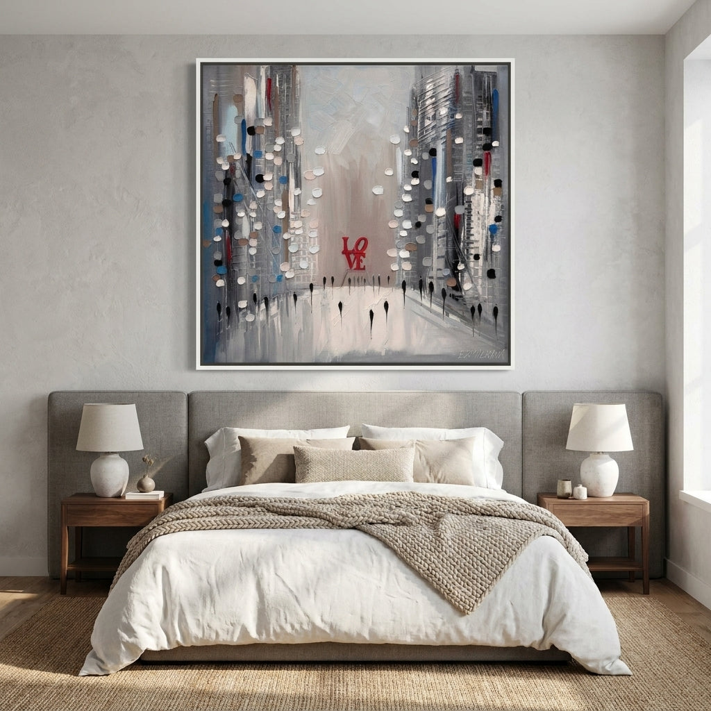 Canvas wall art with a white surround styled in a calm, light-filled bedroom