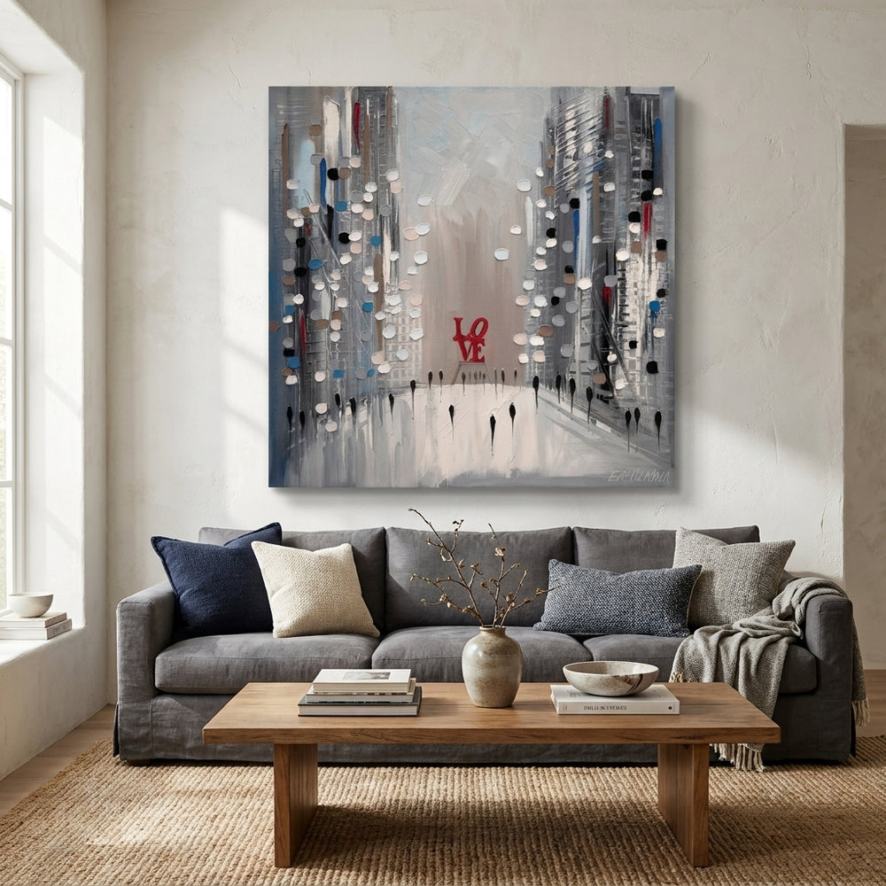 Stretched canvas wall art styled in a neutral living room