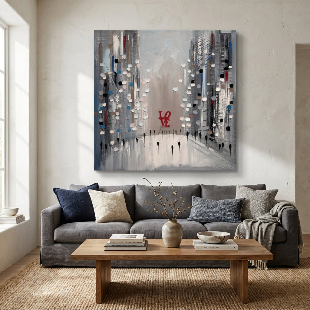 Stretched canvas wall art styled in a neutral living room