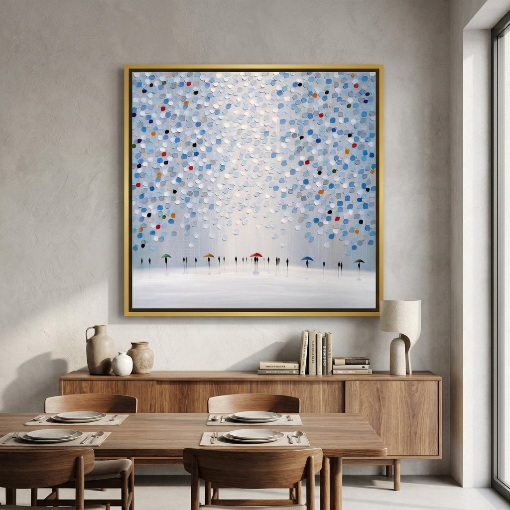 Canvas wall art with a gold leaf surround styled in a contemporary dining room