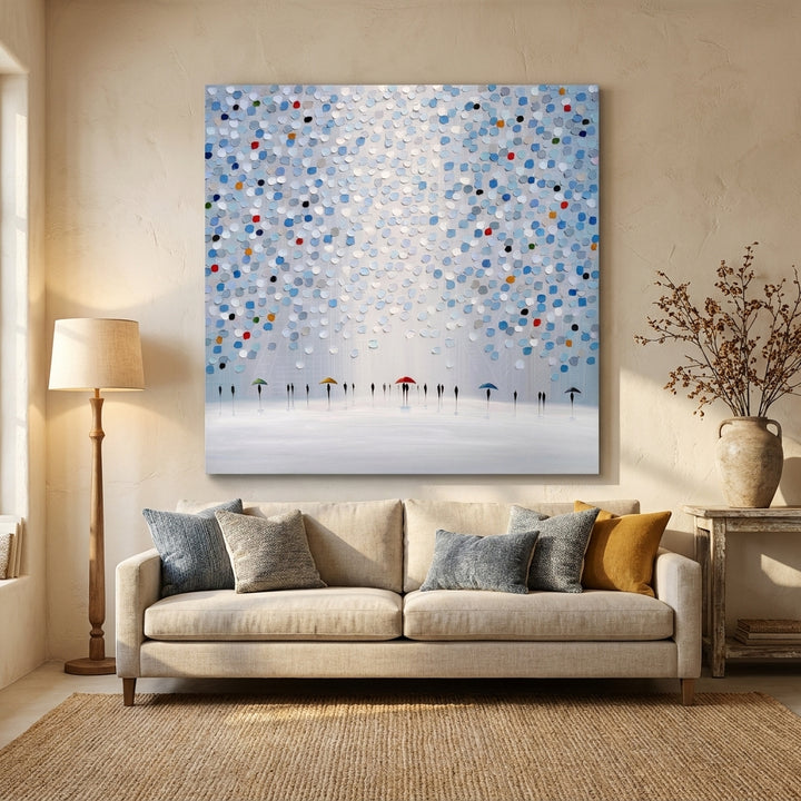 Stretched canvas wall art styled in a neutral living room