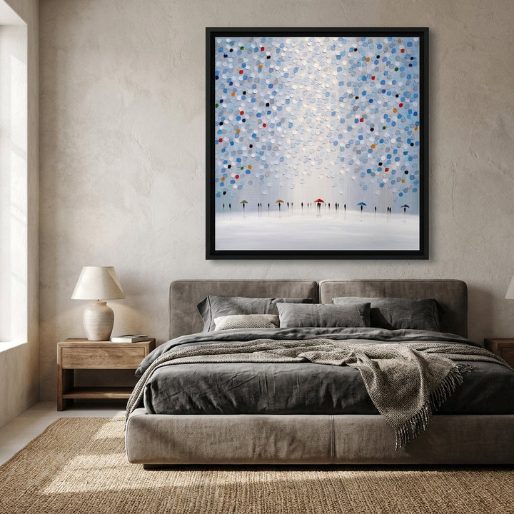 Canvas wall art with a black surround styled in a calm, light-filled bedroom