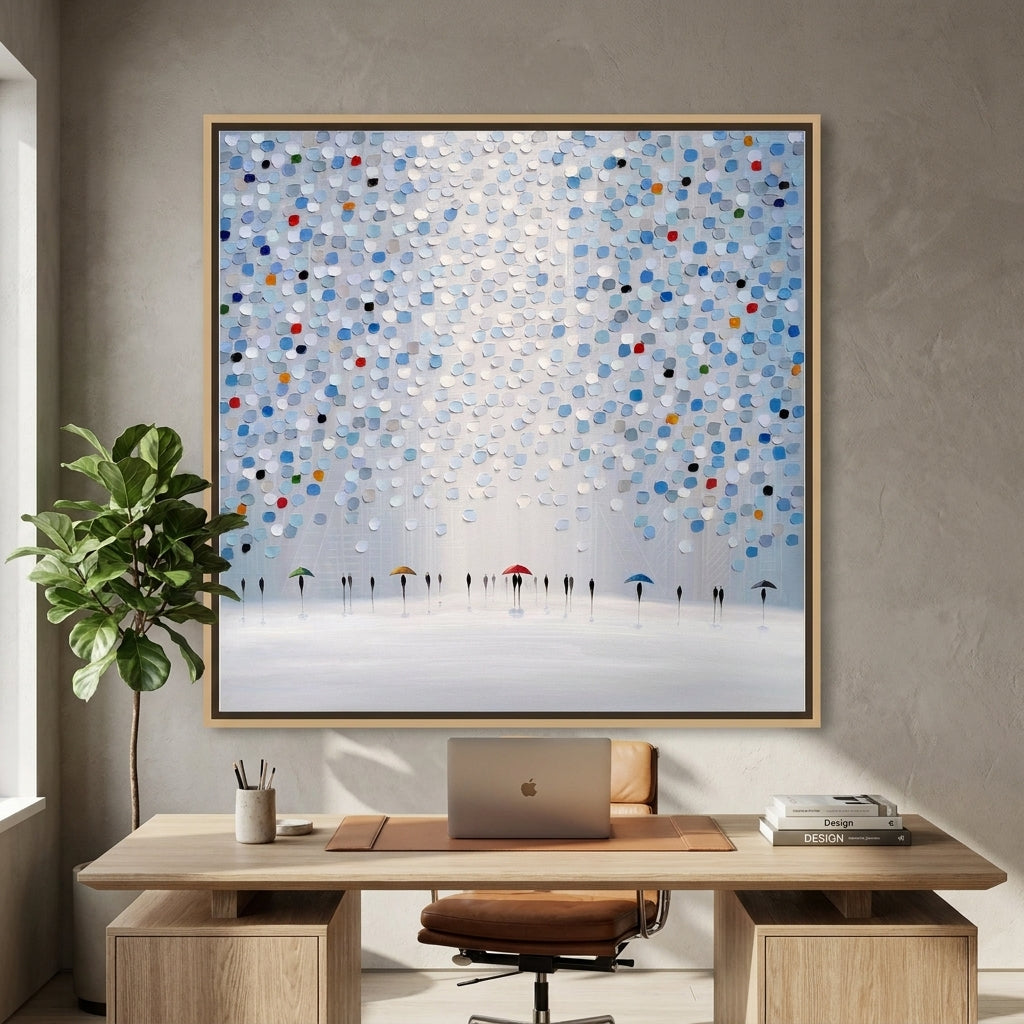 Canvas wall art with a natural timber surround styled in a bright modern office