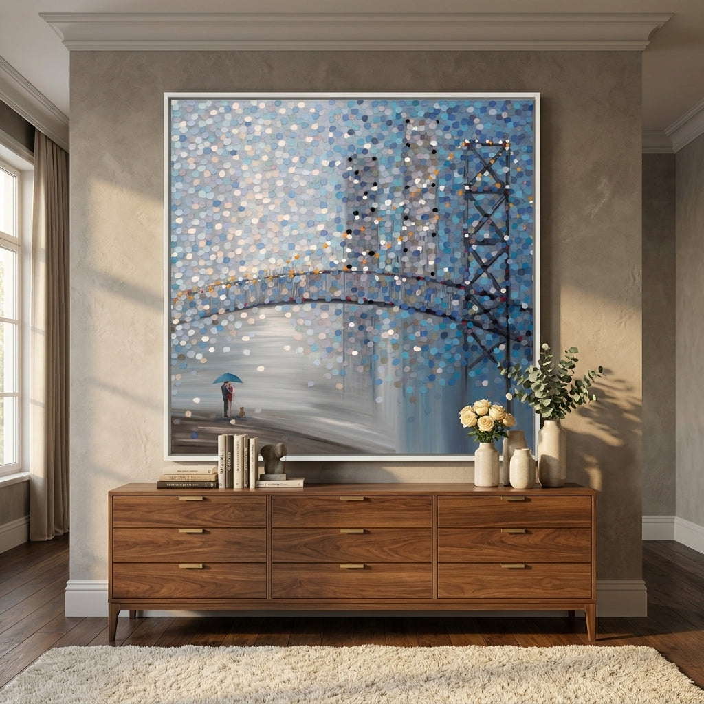 Oversized statement canvas wall art with a white surround styled in a luxe interior