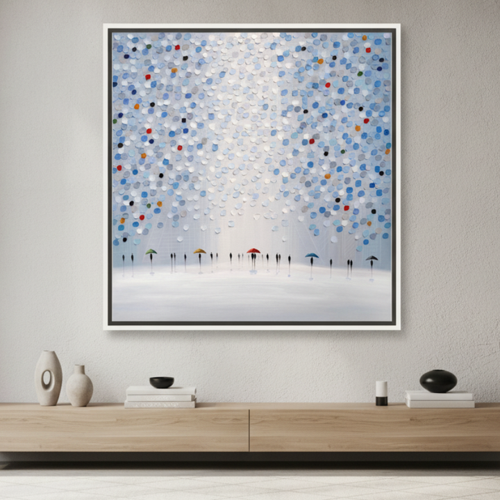 Oversized statement canvas wall art with a white surround styled in a luxe interior