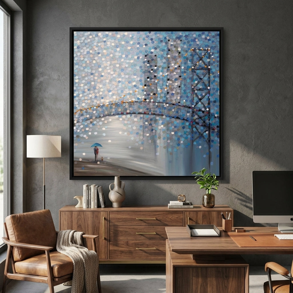 Canvas wall art with a black surround styled in a bright modern office