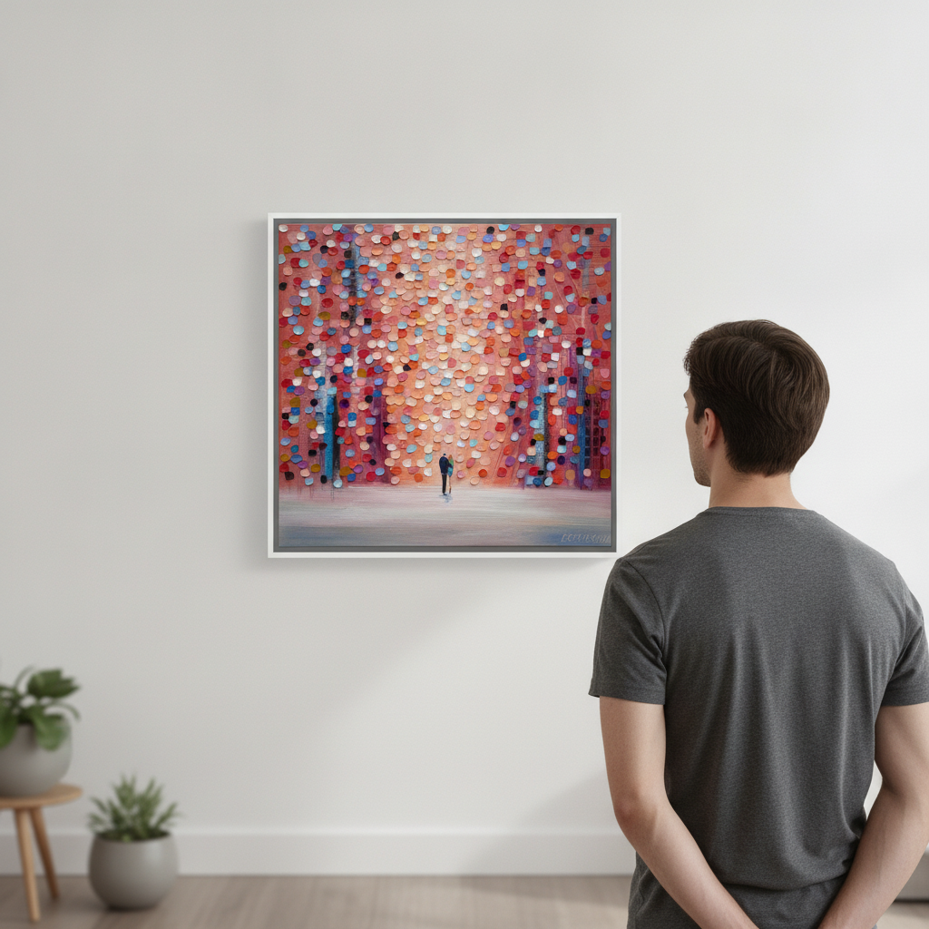 Person holding canvas wall art with a white surround