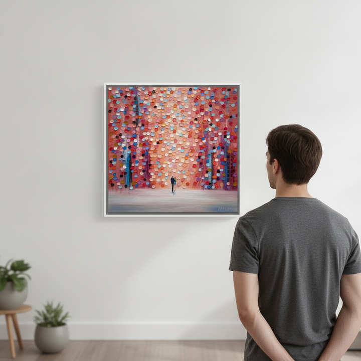 Person holding canvas wall art with a white surround