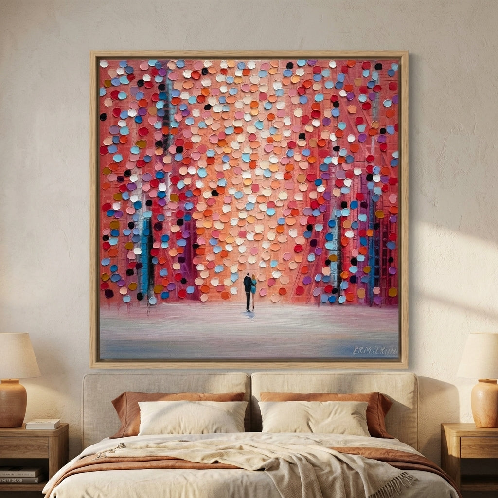 Canvas wall art with a natural timber surround styled in a calm, light-filled bedroom