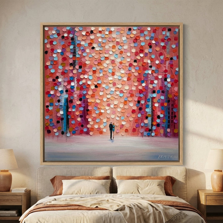 Canvas wall art with a natural timber surround styled in a calm, light-filled bedroom