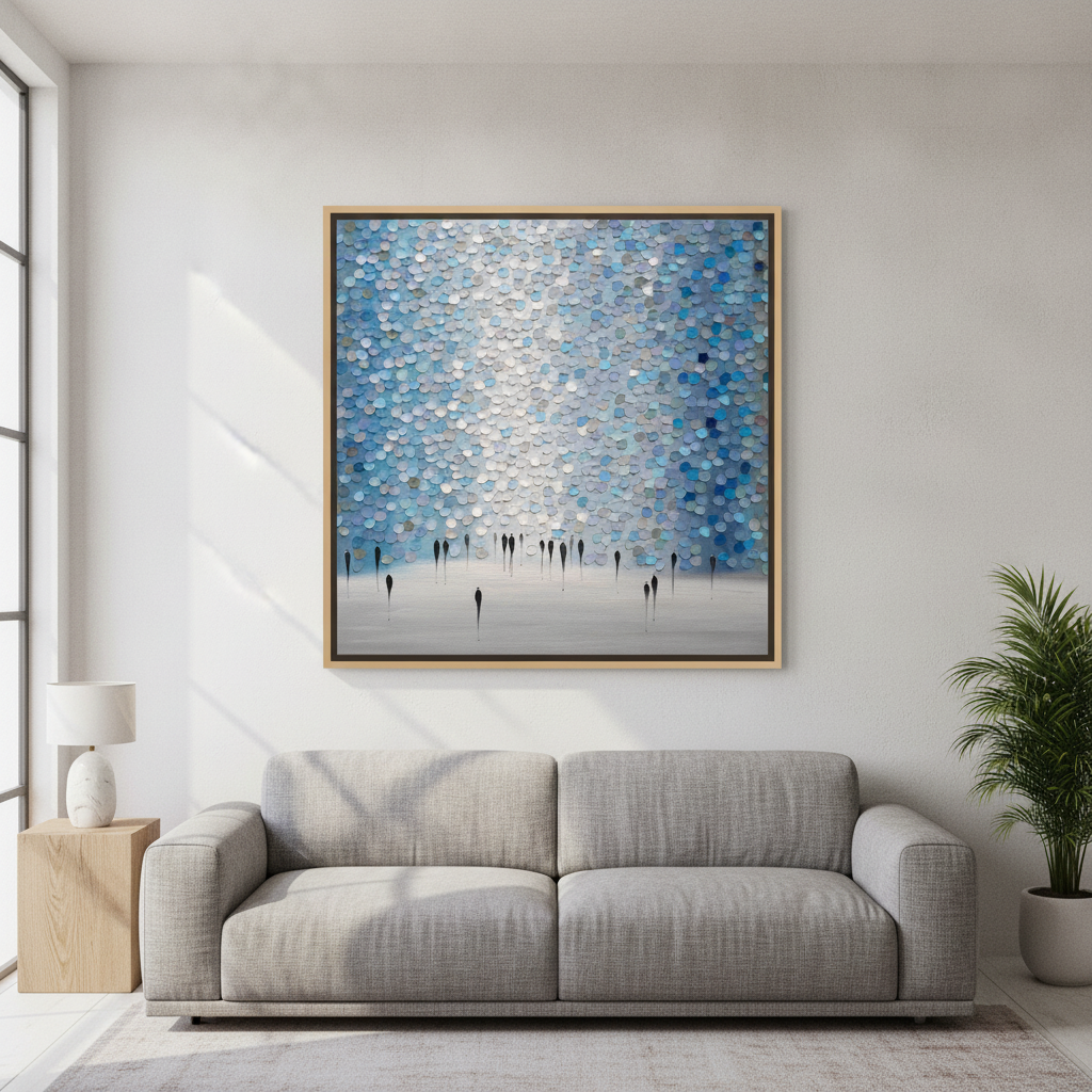 Oversized statement canvas wall art with a natural timber surround styled in a calm, light-filled bedroom