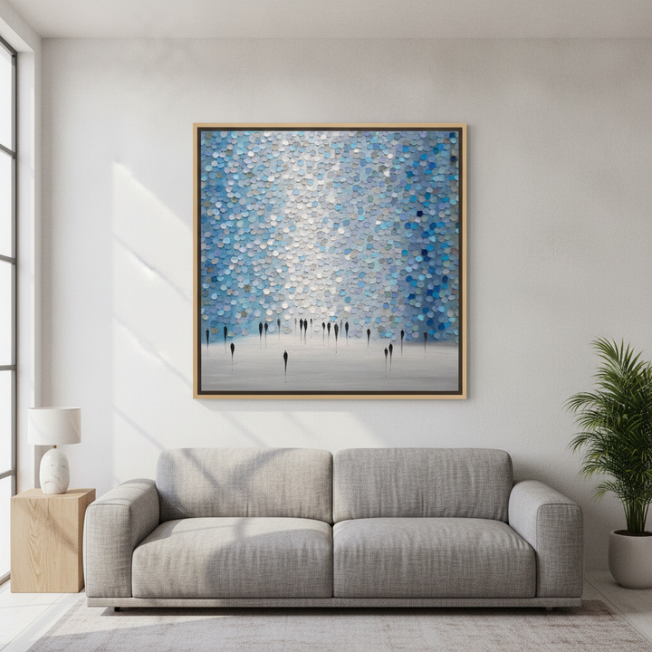 Oversized statement canvas wall art with a natural timber surround styled in a calm, light-filled bedroom