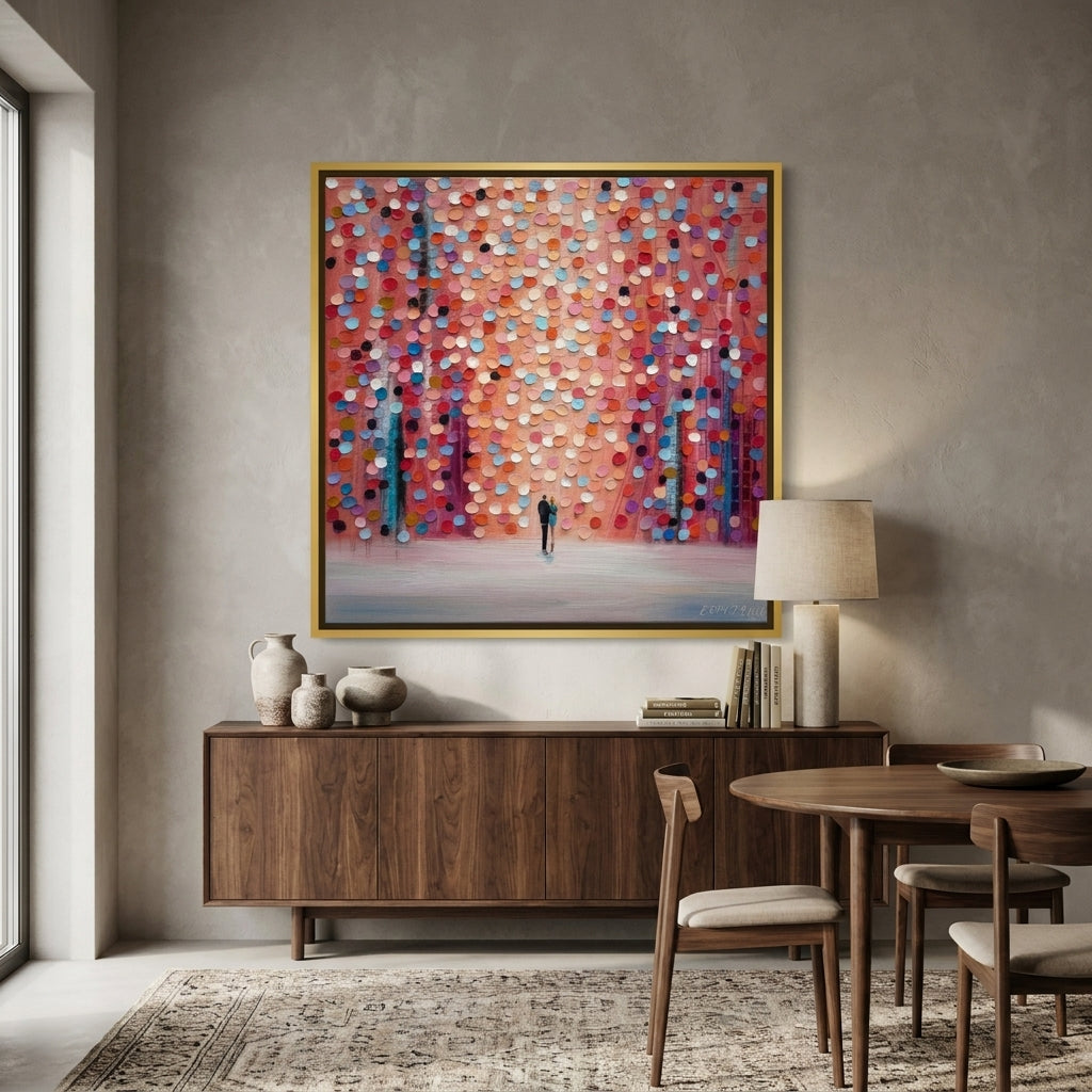 Canvas wall art with a gold leaf surround styled in a contemporary dining room