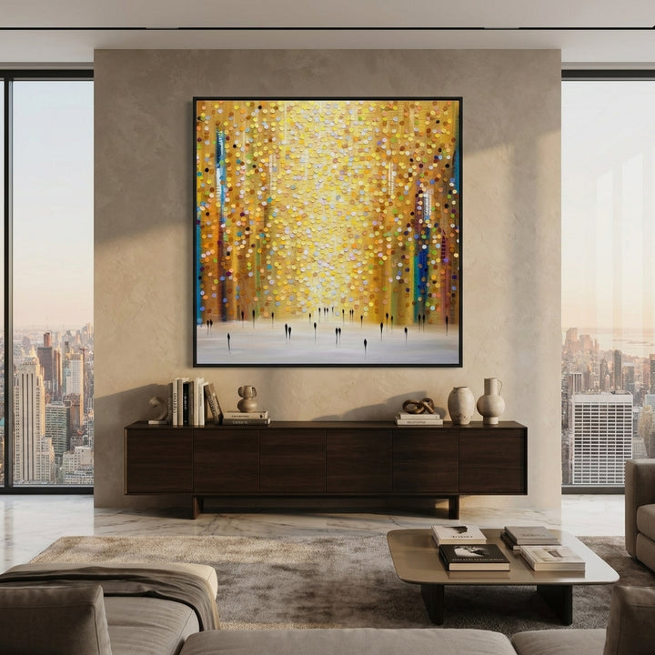 Oversized statement canvas wall art with a black surround styled in a luxe interior