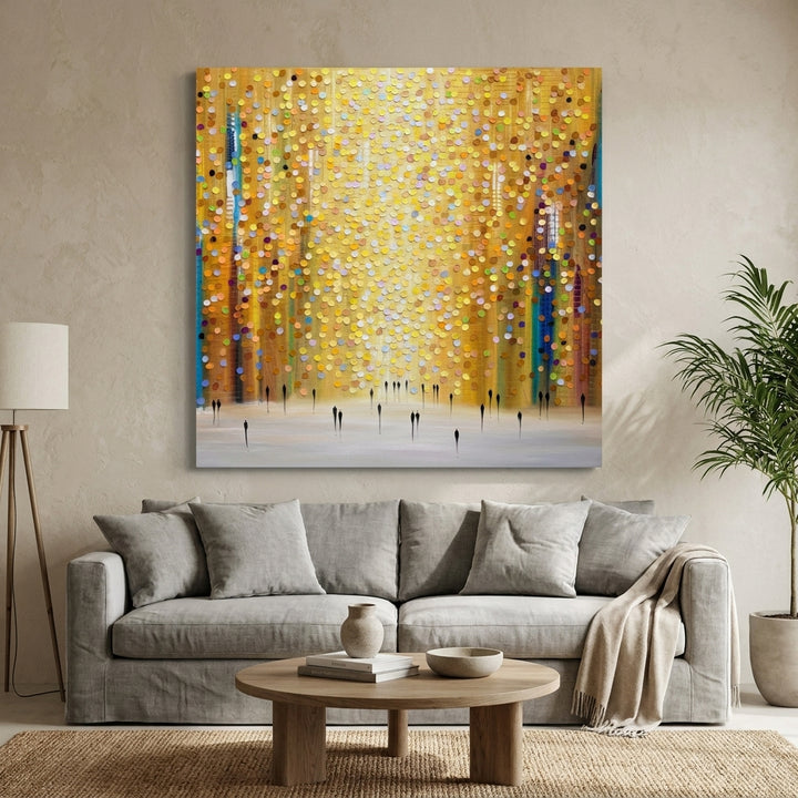 Stretched canvas wall art styled in a neutral living room