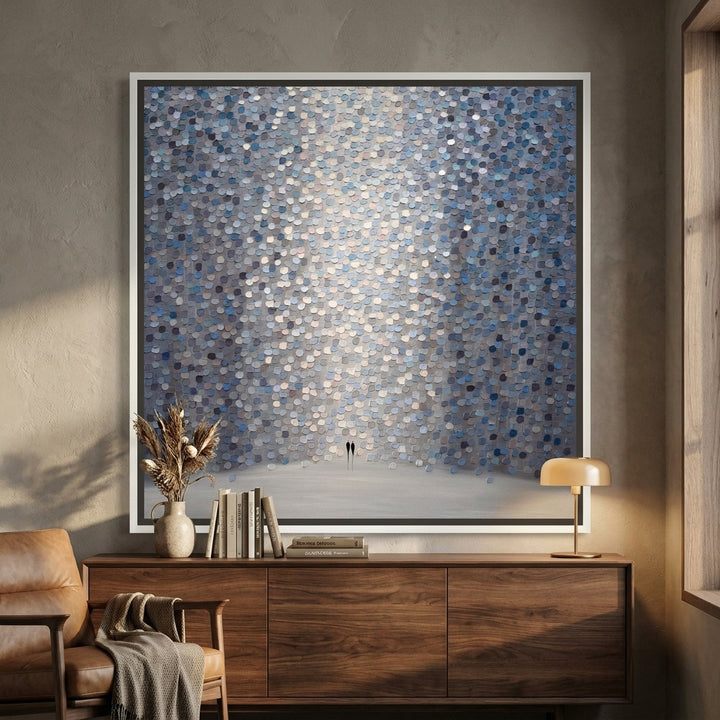 Canvas wall art with a white surround styled in a bright modern office