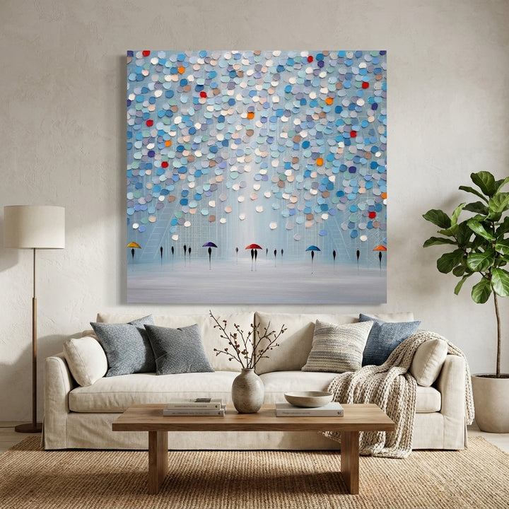 Stretched canvas wall art styled in a neutral living room