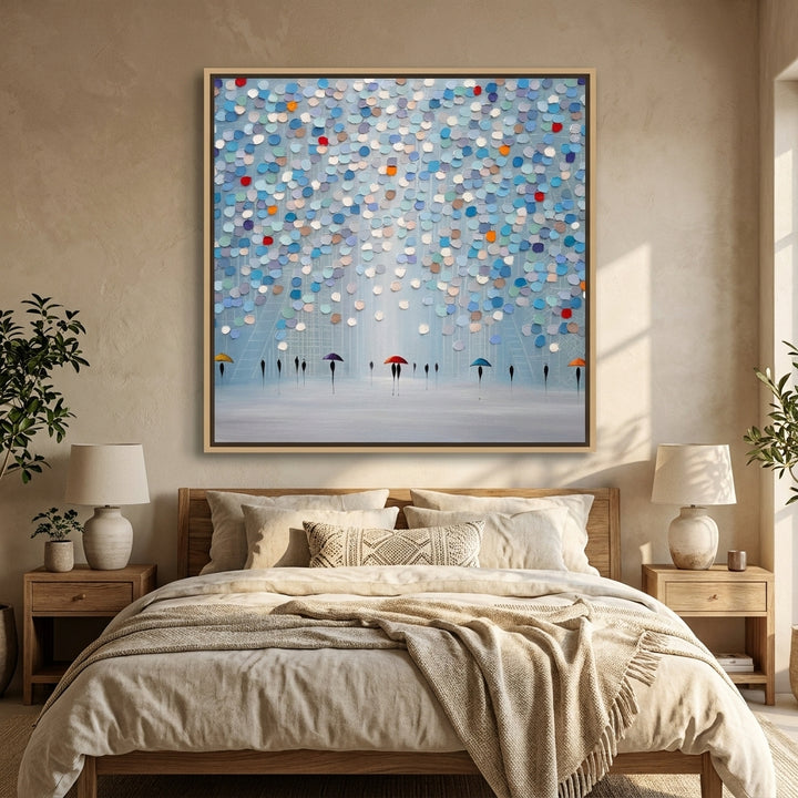 Canvas wall art with a natural timber surround styled in a calm, light-filled bedroom