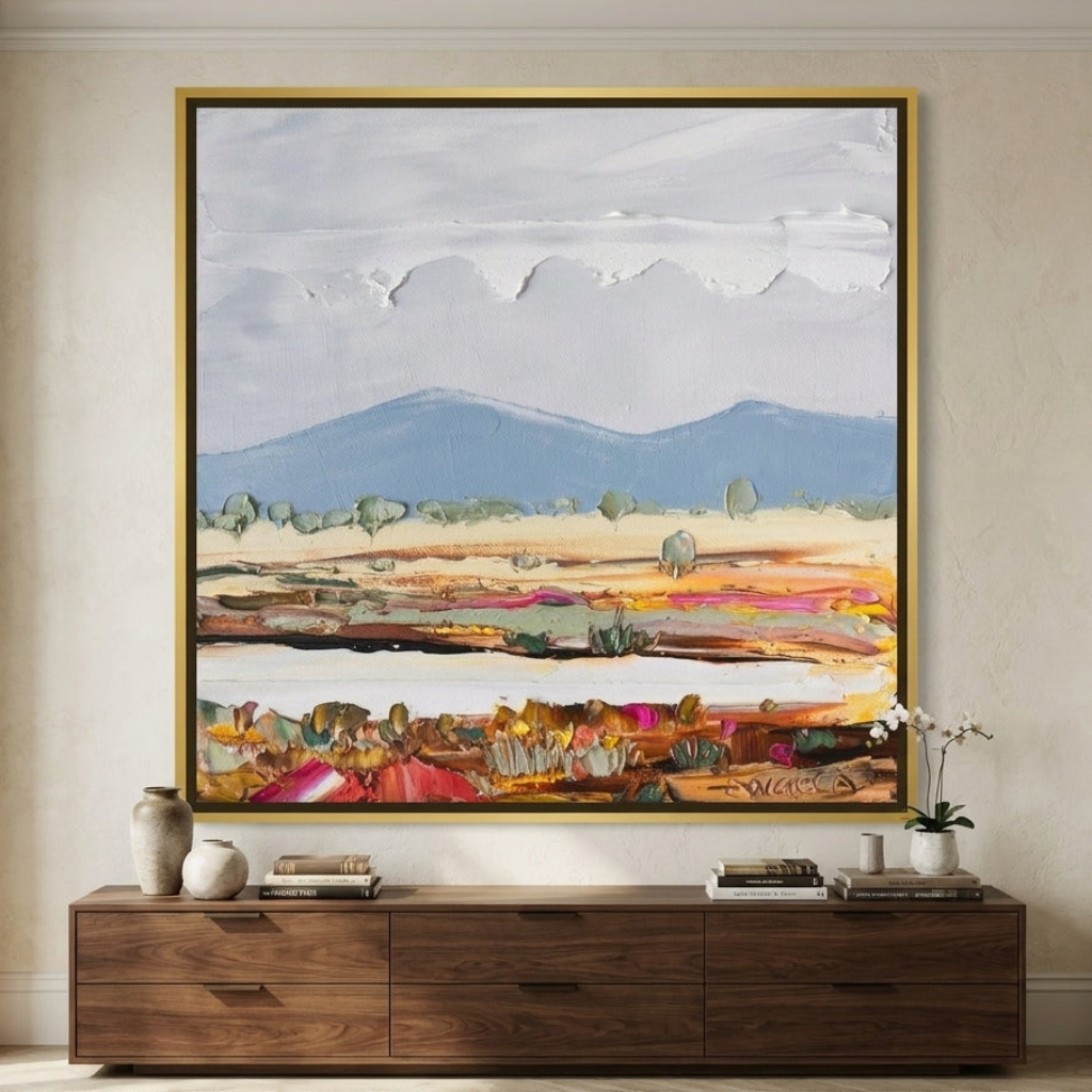 Canvas wall art with a gold leaf surround styled in a luxe interior